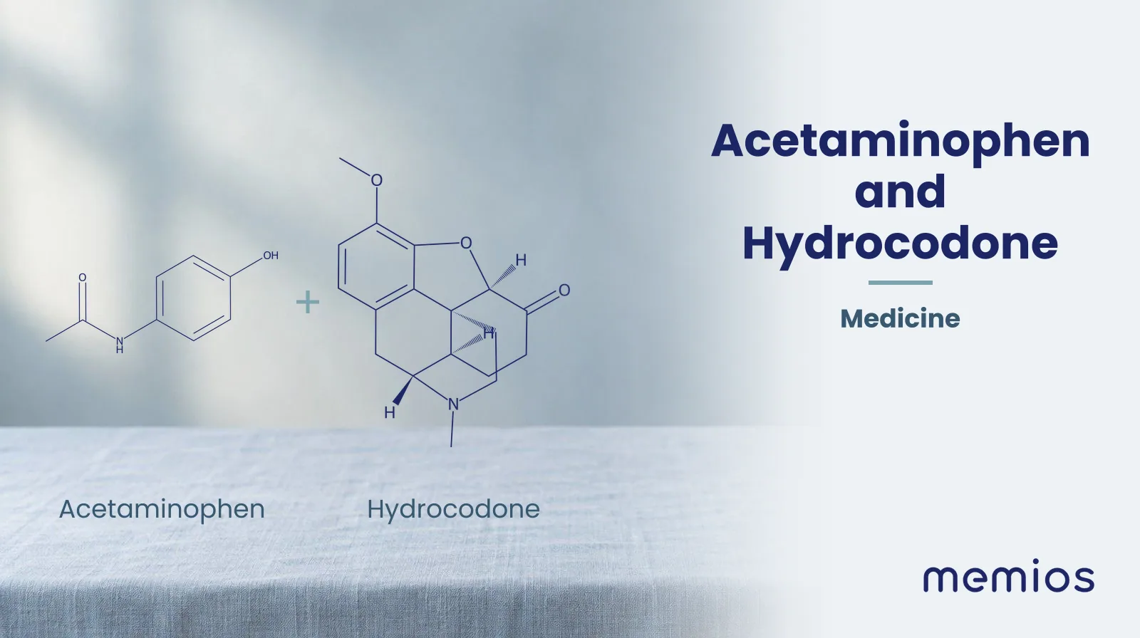 Chemical structure of Acetaminophen and Hydrocodone, drawn in navy on pale linen.
