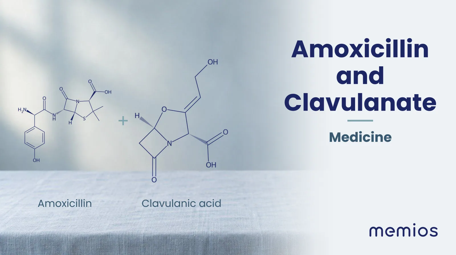 Chemical structure of Amoxicillin and Clavulanic acid, drawn in navy on pale linen.