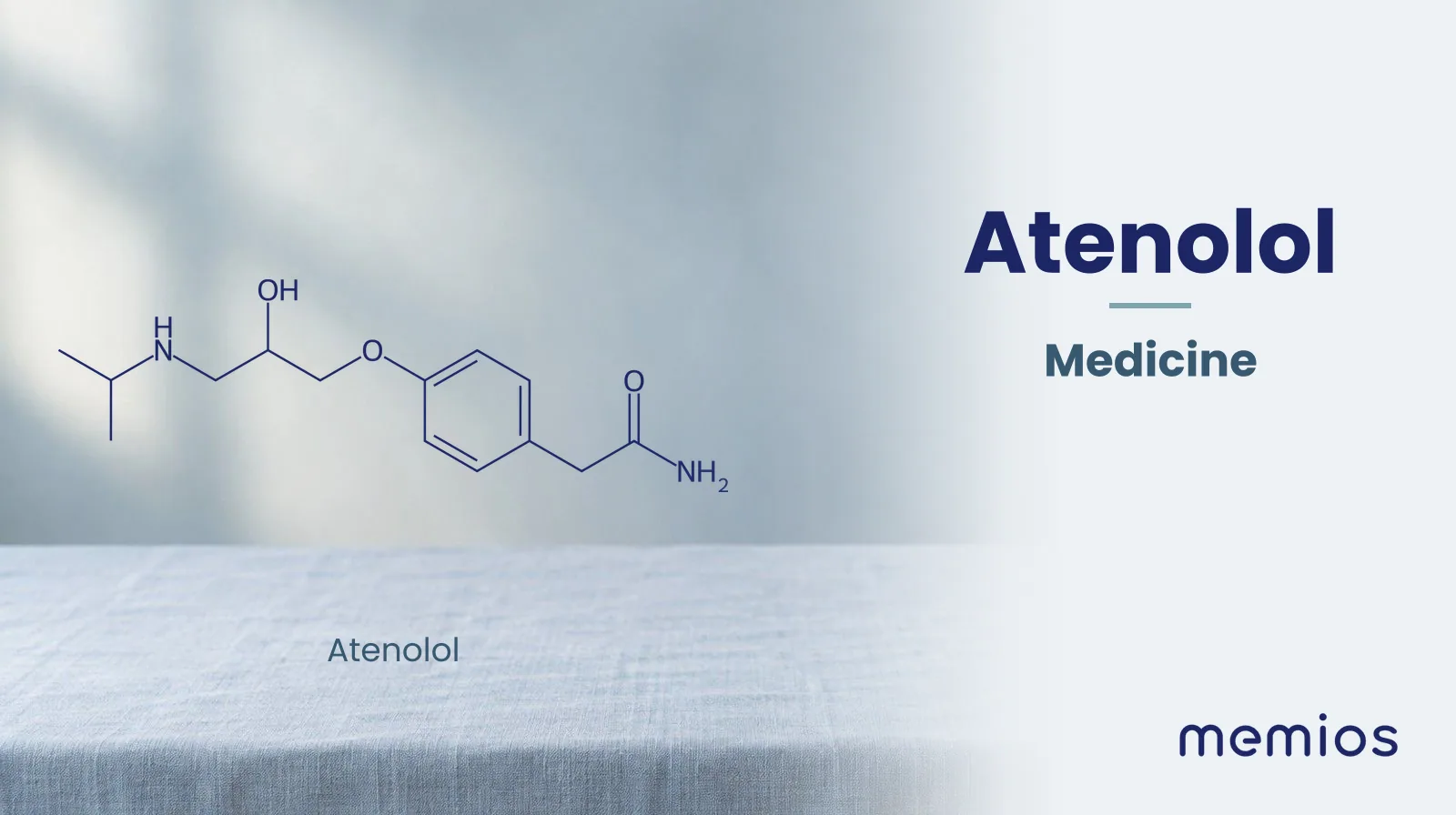 Chemical structure of Atenolol, drawn in navy on pale linen.