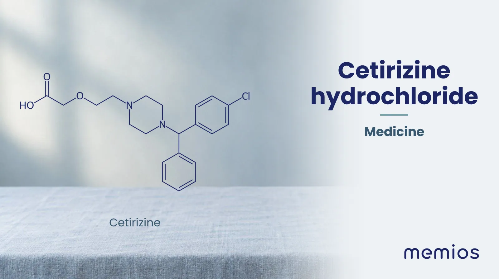 Chemical structure of Cetirizine, drawn in navy on pale linen.