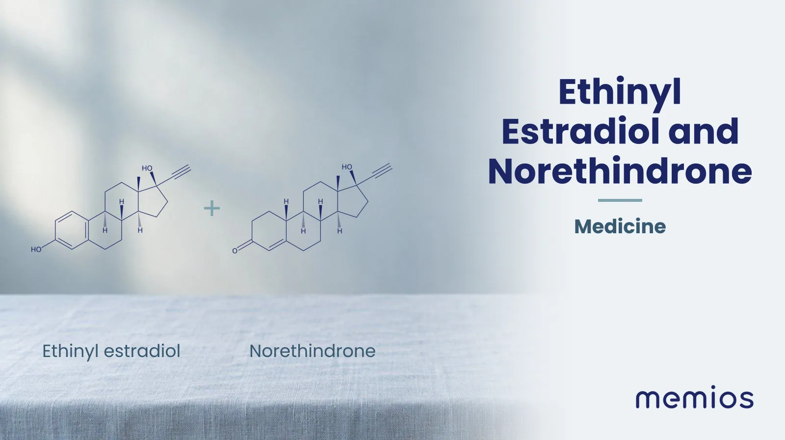 Chemical structure of Ethinyl estradiol and Norethindrone, drawn in navy on pale linen.