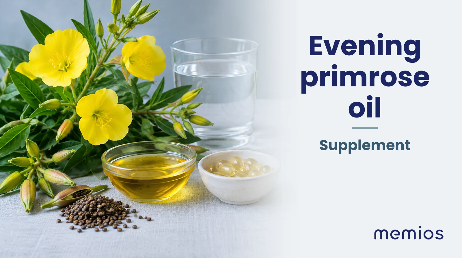 Photograph for Evening primrose oil: its natural source and a bowl of powder or capsules on pale linen.