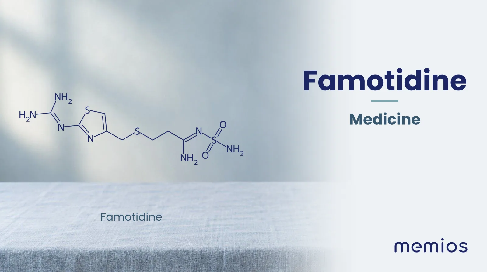 Chemical structure of Famotidine, drawn in navy on pale linen.