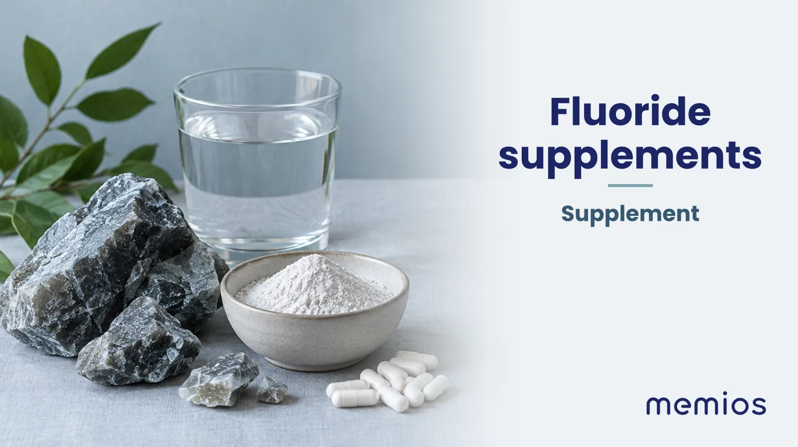Photograph for Fluoride supplements: its natural source and a bowl of powder or capsules on pale linen.