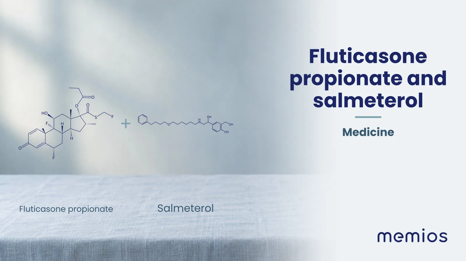 Chemical structure of Fluticasone propionate and Salmeterol, drawn in navy on pale linen.