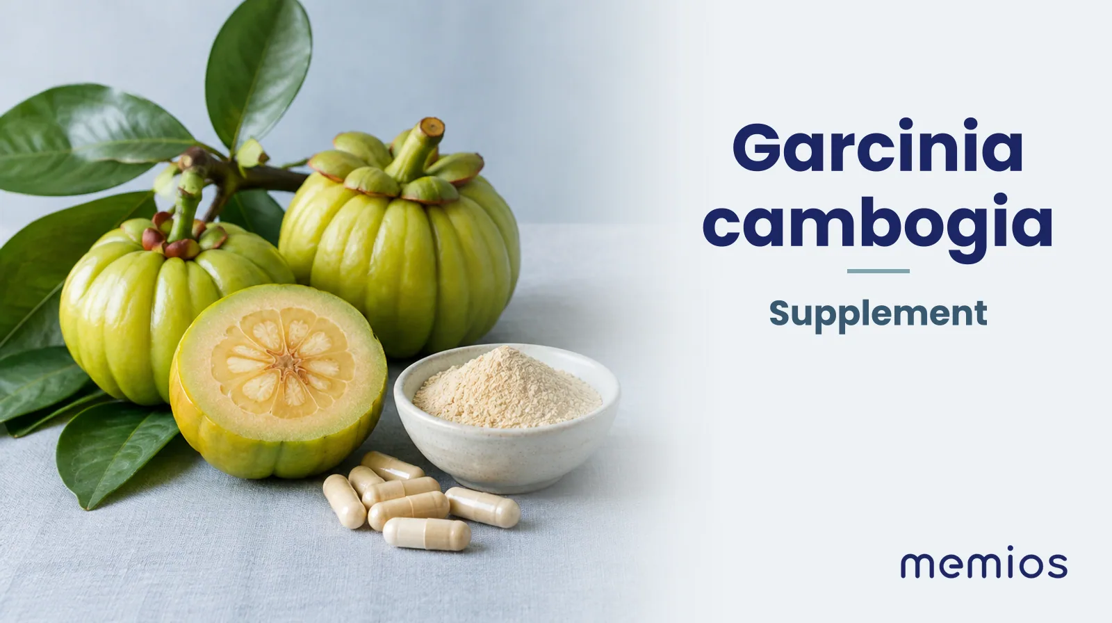 Photograph for Garcinia cambogia: its natural source and a bowl of powder or capsules on pale linen.
