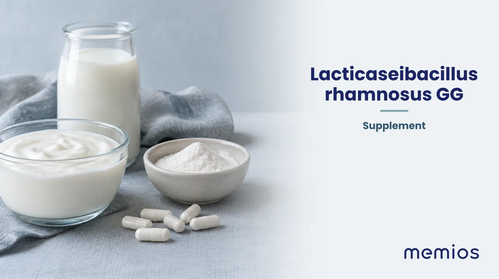 Photograph for Lacticaseibacillus rhamnosus GG: its natural source and a bowl of powder or capsules on pale linen.