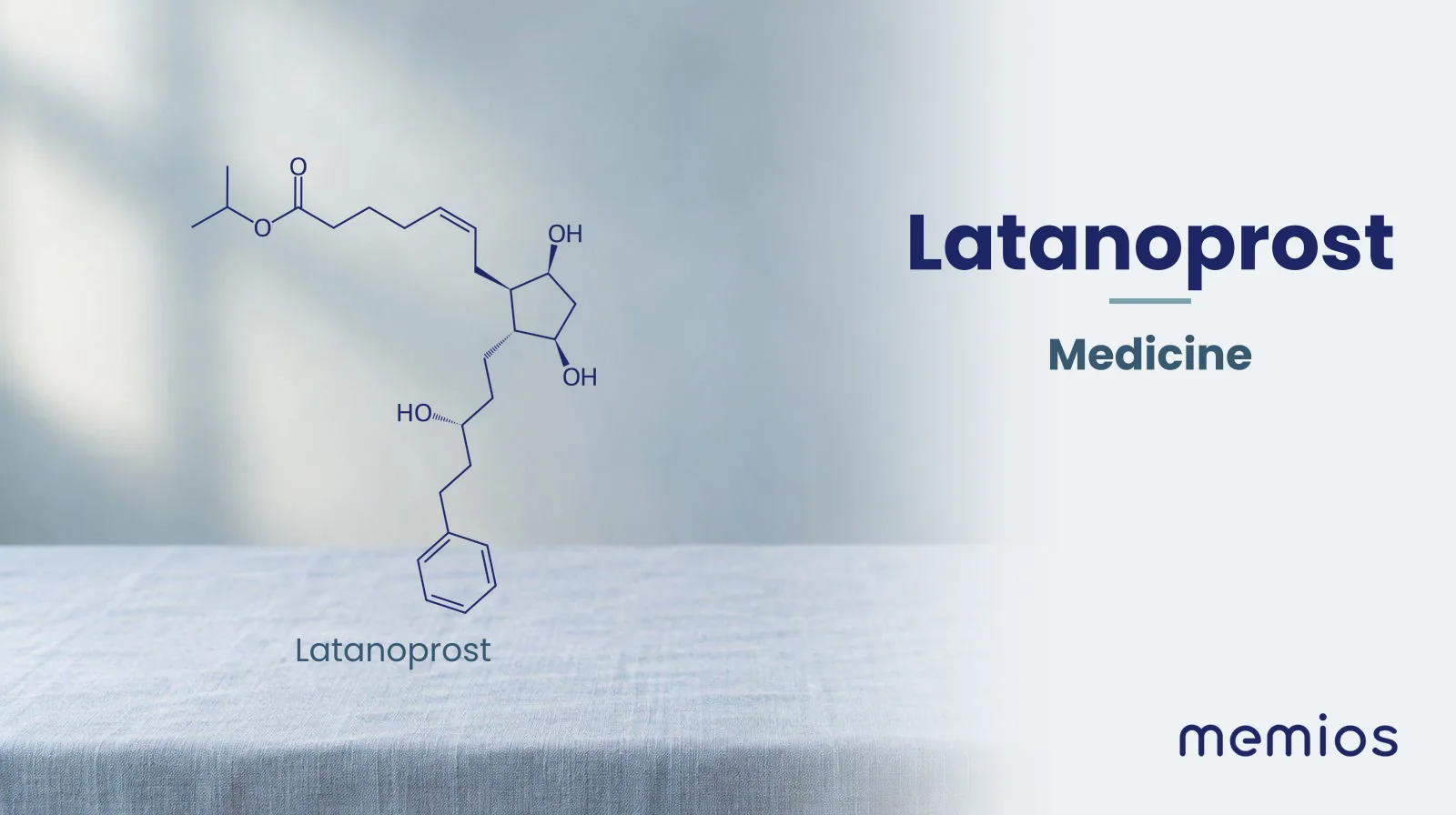 Chemical structure of Latanoprost, drawn in navy on pale linen.