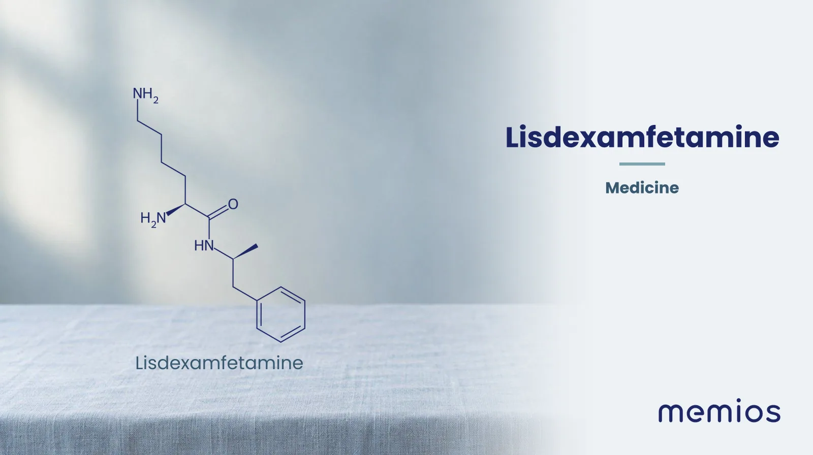 Chemical structure of Lisdexamfetamine, drawn in navy on pale linen.