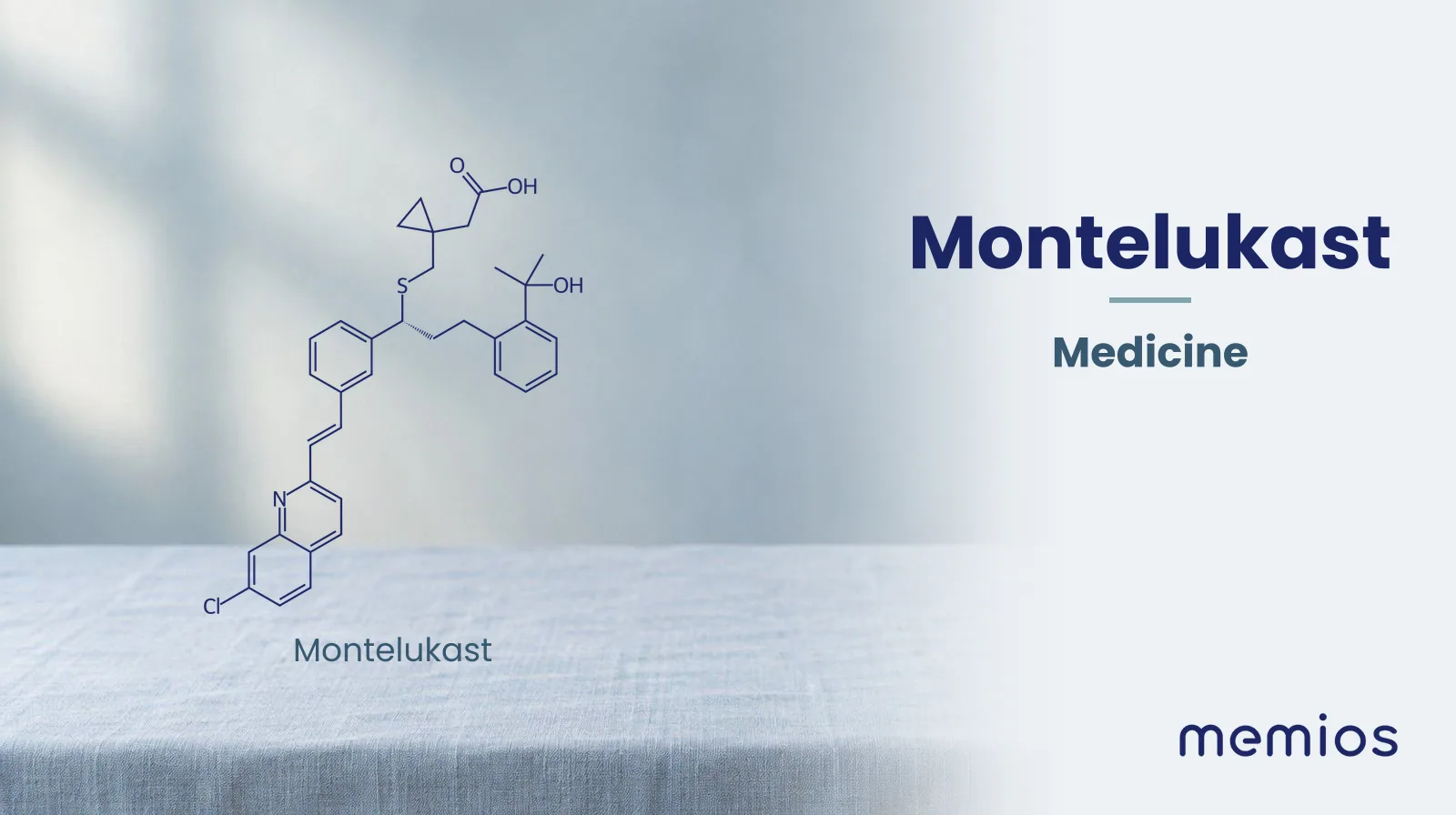 Chemical structure of Montelukast, drawn in navy on pale linen.