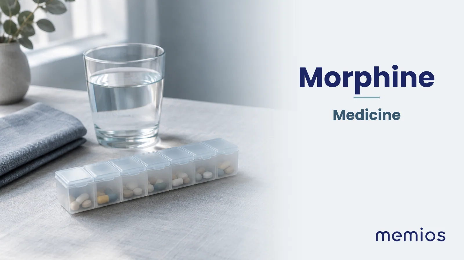 Photograph for Morphine: plain unmarked tablets in a dish beside a glass of water on pale linen.