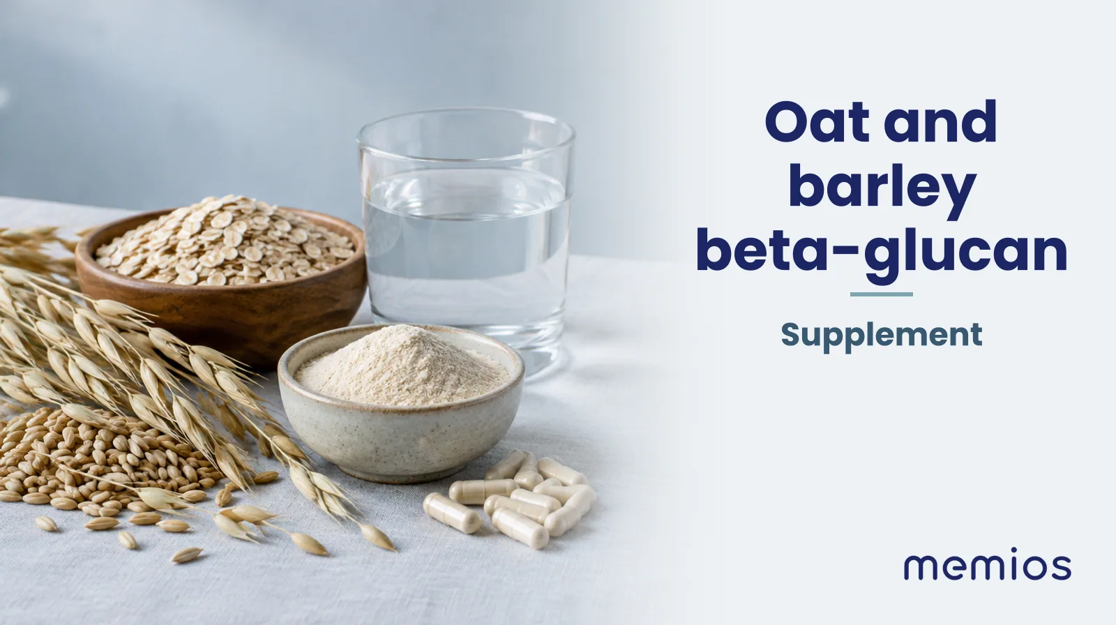 Photograph for Oat and barley beta-glucan: its natural source and a bowl of powder or capsules on pale linen.