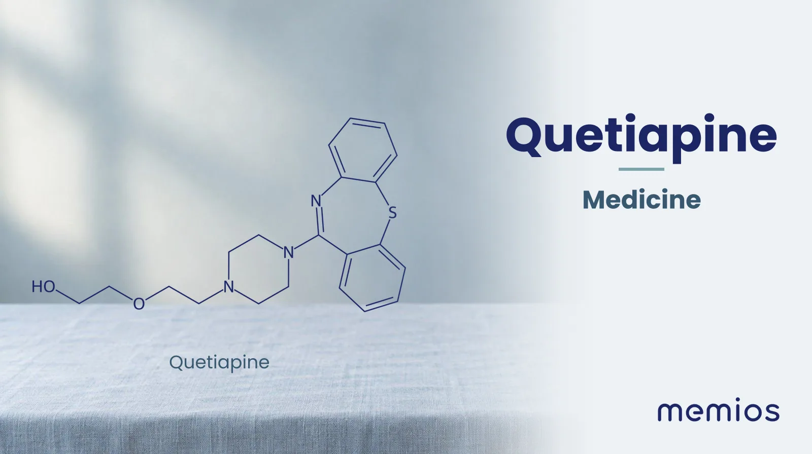 Chemical structure of Quetiapine, drawn in navy on pale linen.
