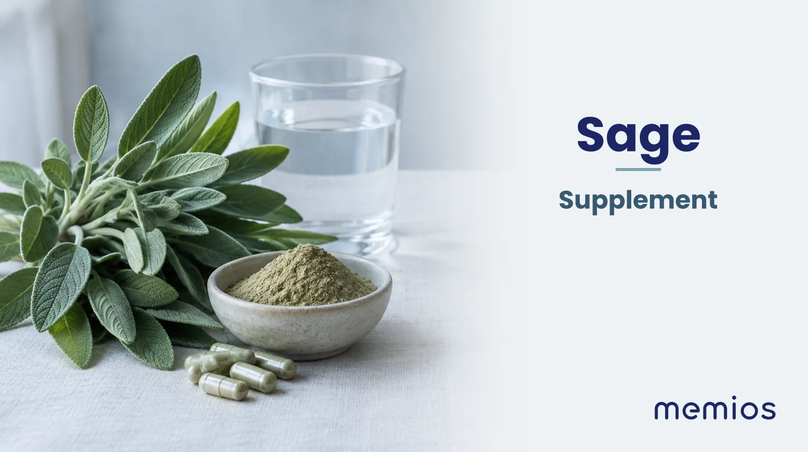 Photograph for Sage: its natural source and a bowl of powder or capsules on pale linen.
