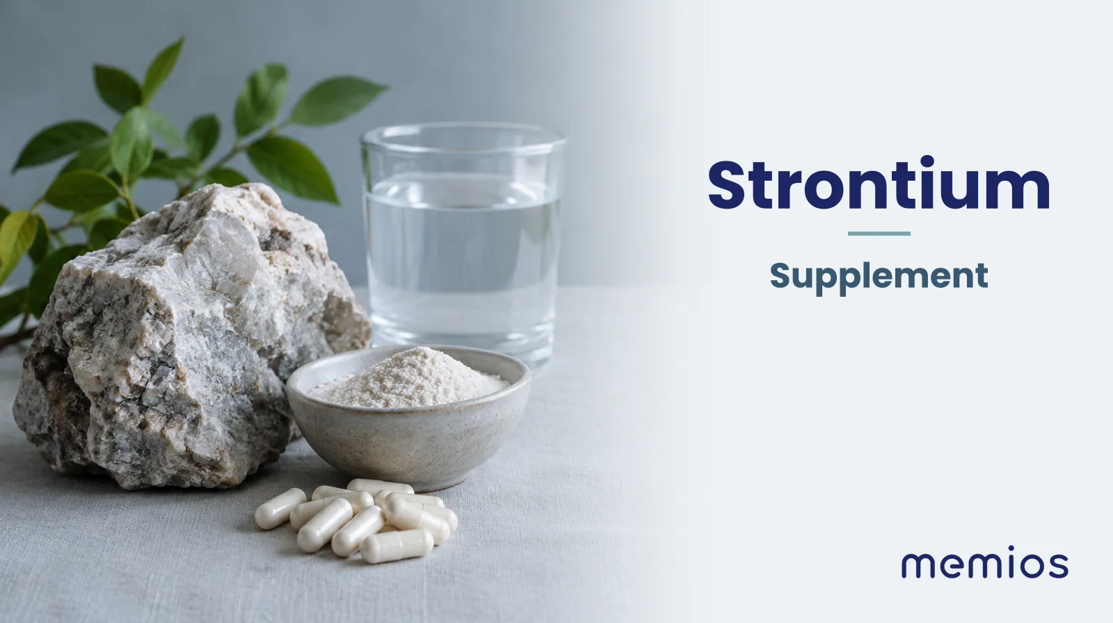 Photograph for Strontium: its natural source and a bowl of powder or capsules on pale linen.