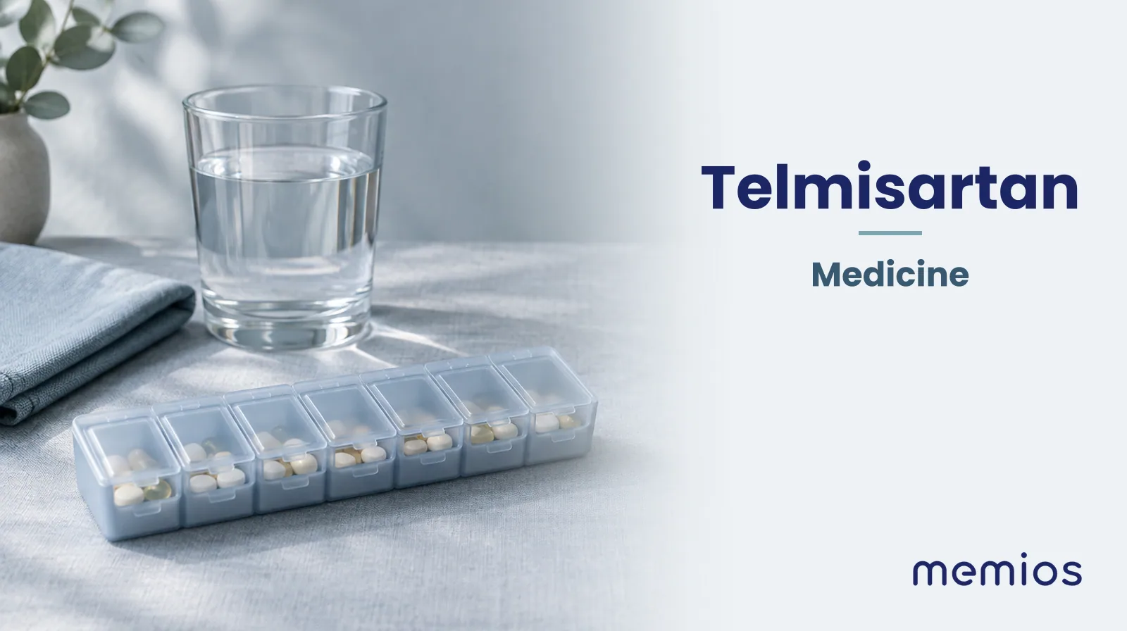 Photograph for Telmisartan: plain unmarked tablets in a dish beside a glass of water on pale linen.