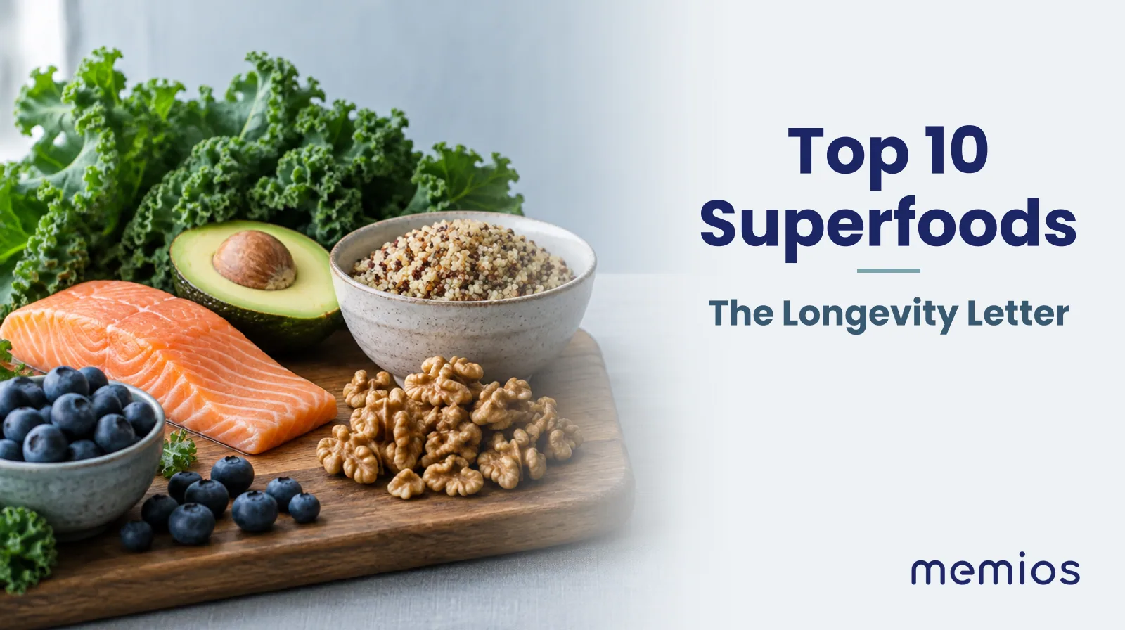 Photograph for Top 10 Superfoods: blueberries, avocado, salmon, walnuts, kale and a bowl of quinoa arranged on a wooden board.